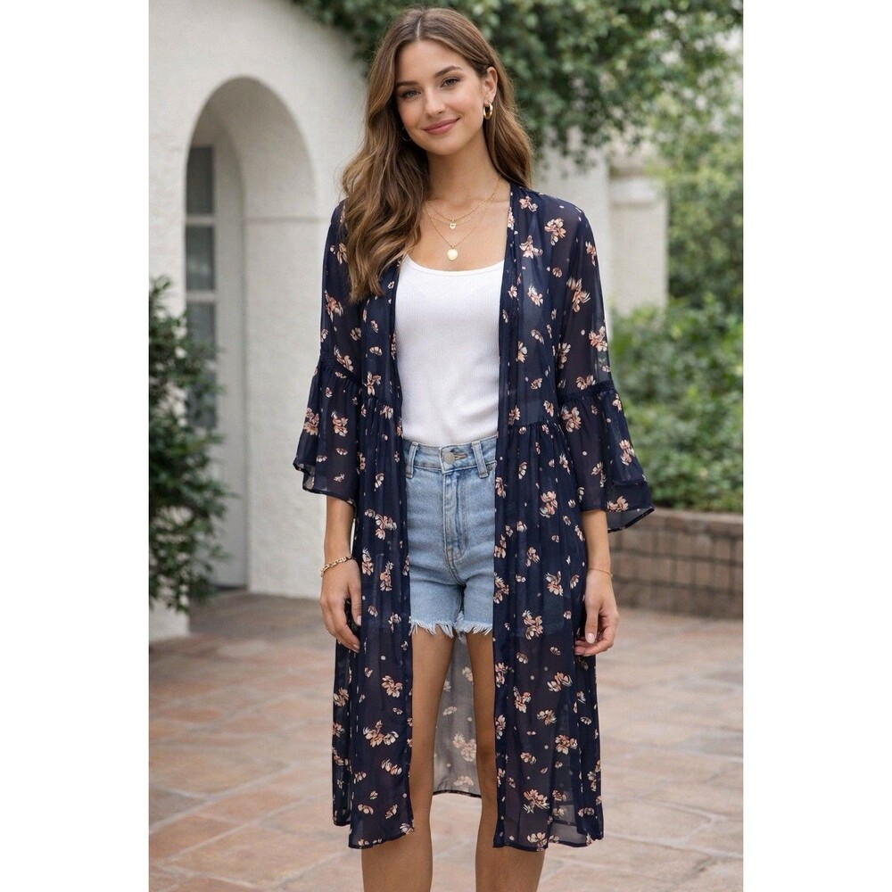 ARIZONA JEANS FLORAL SHEER KIMONO DUSTER CARDIGAN SMALL EUC